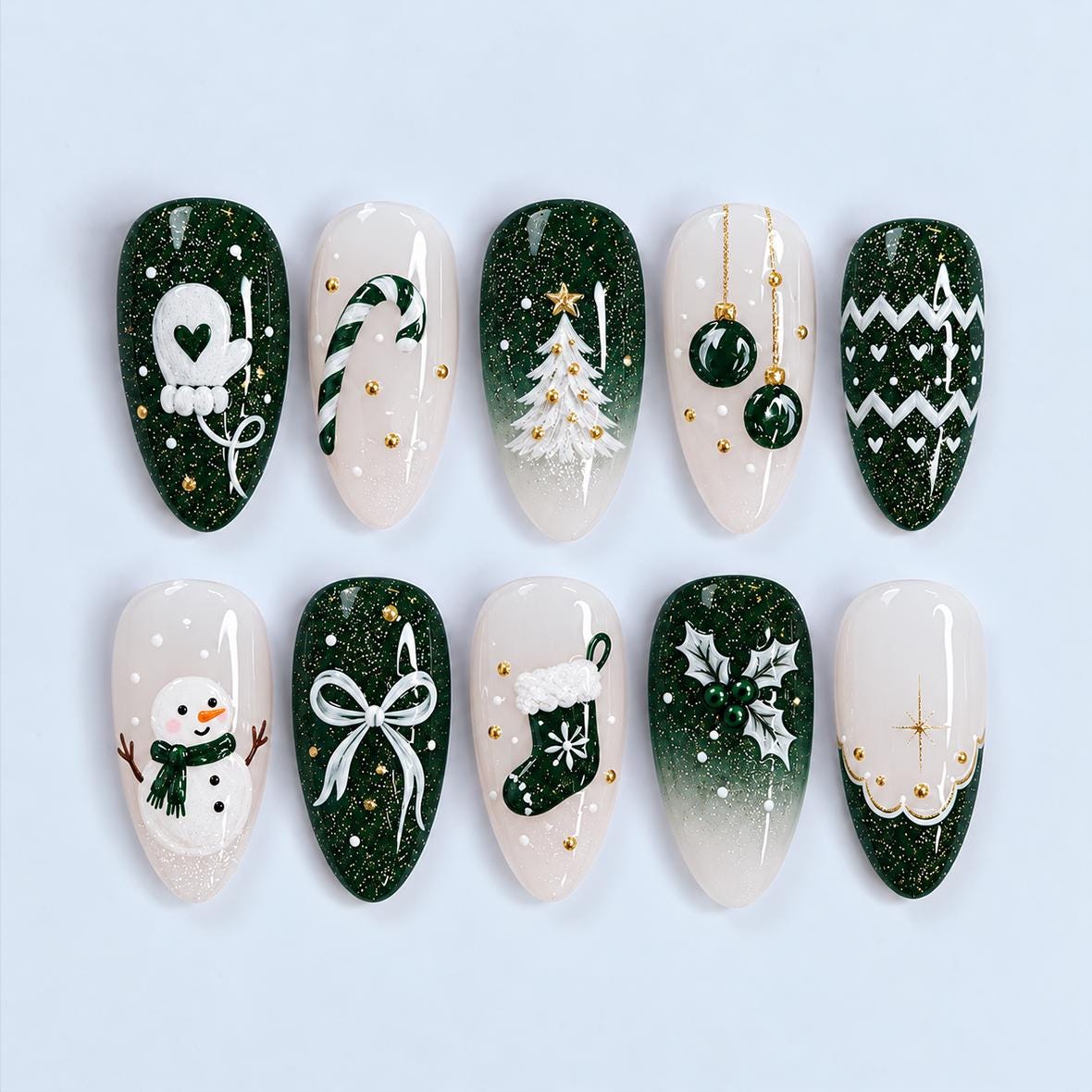 Forest Green and Milky White Christmas Nail Set with Glitter and Gold Details