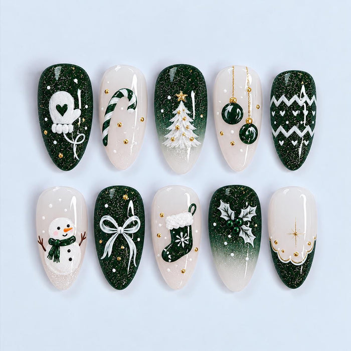 Forest Green and Milky White Christmas Press On Nail Set with Glitter and Gold Details