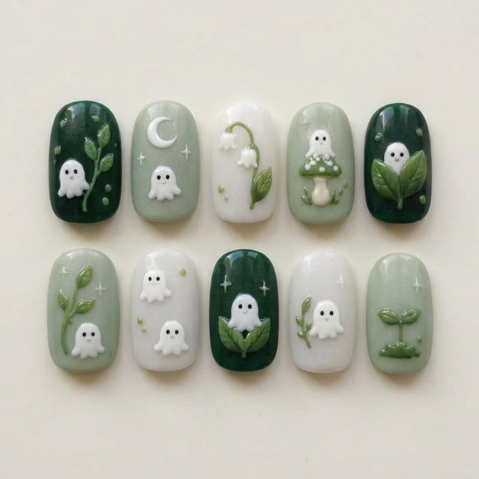 Forest Green and Sage Ghost Press On Nails with Woodland Leaves, Mushrooms, and Moons