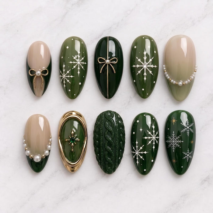 Forest Green Christmas Press On Nails with Snowflakes, Cable-Knit Texture, Gold Bows and Pearls
