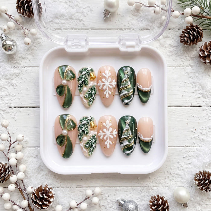 Forest Green Christmas Press On Nails With Snowflakes, Trees, and Gold Bows