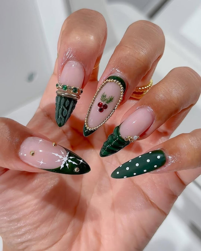 Forest Green Christmas Tree Press-On Nails With Holly, Snowflakes and Gold Beads