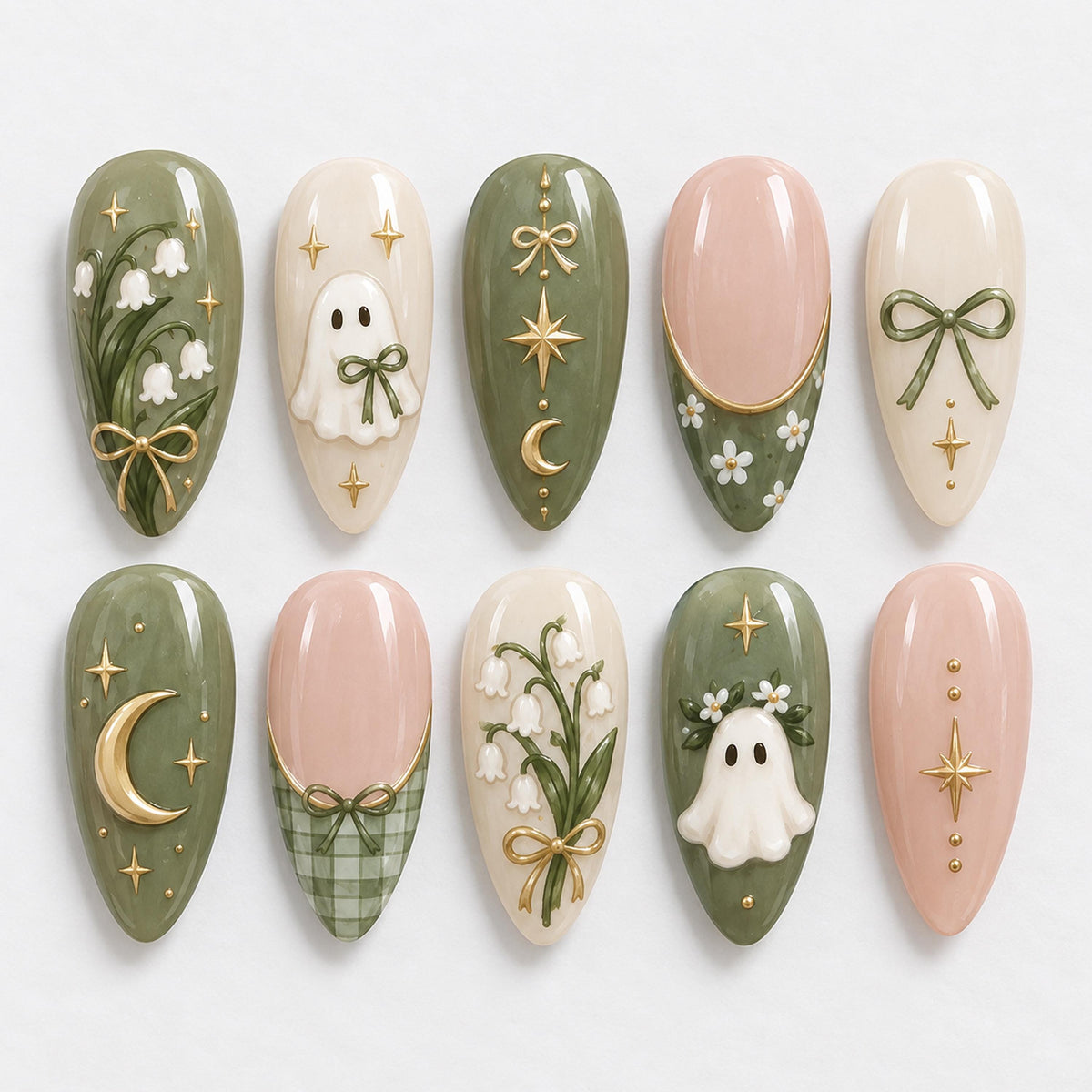 Forest Green Ghost Halloween Press-On Nails With Lily of the Valley and Celestial Details