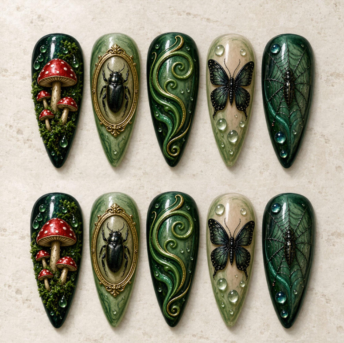 Forest Green Mushroom, Beetle, Butterfly and Spiderweb Nail Set