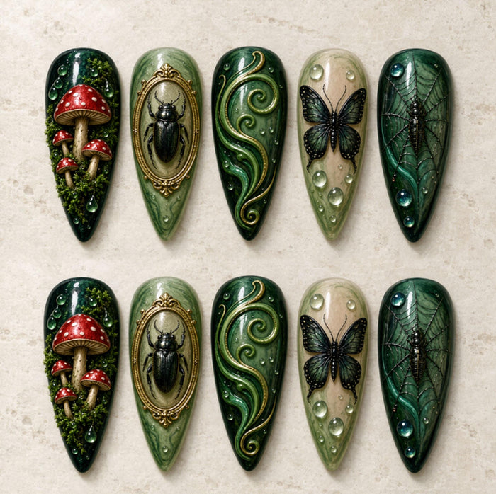 Forest Green Mushroom, Beetle, Butterfly and Spiderweb Press On Nail Set