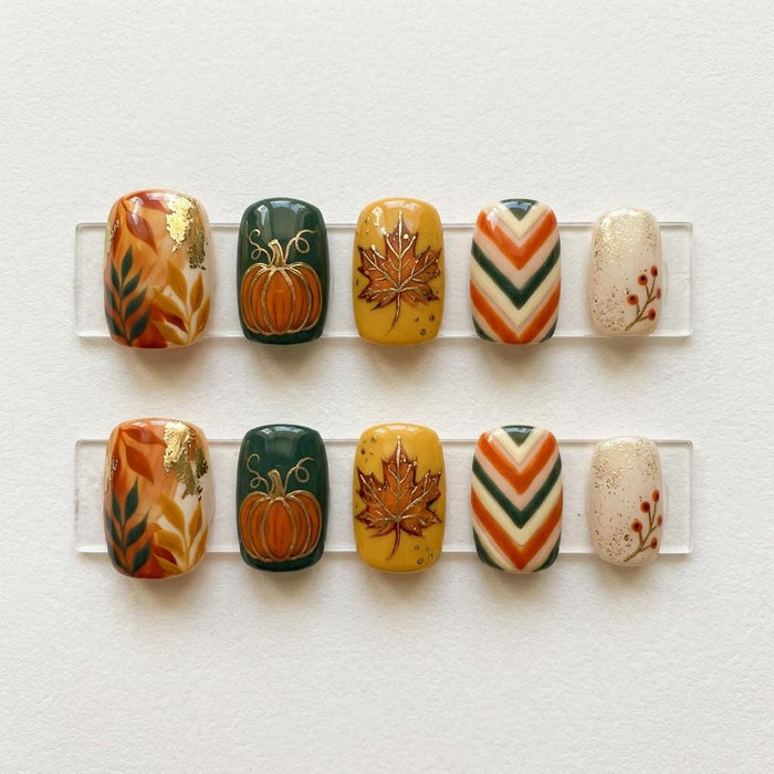 Forest Green, Mustard & Orange Fall Foliage Press-On Nail Set