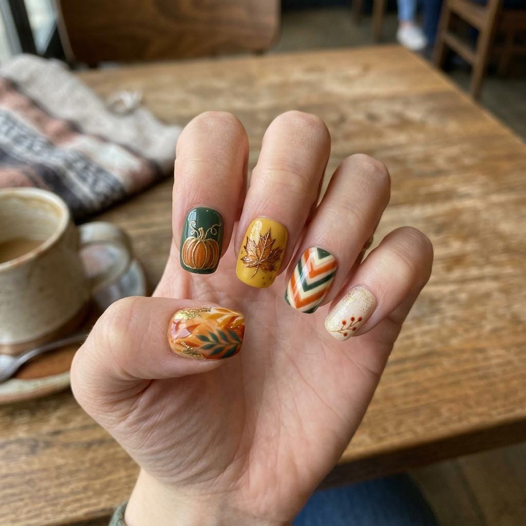 Forest Green, Mustard & Orange Fall Foliage Press-On Nail Set