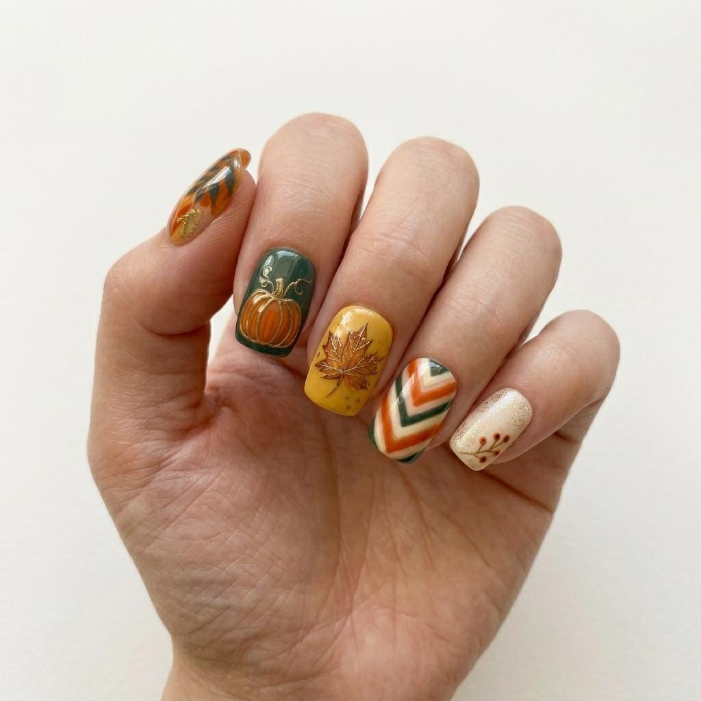 Forest Green, Mustard & Orange Fall Foliage Press-On Nail Set