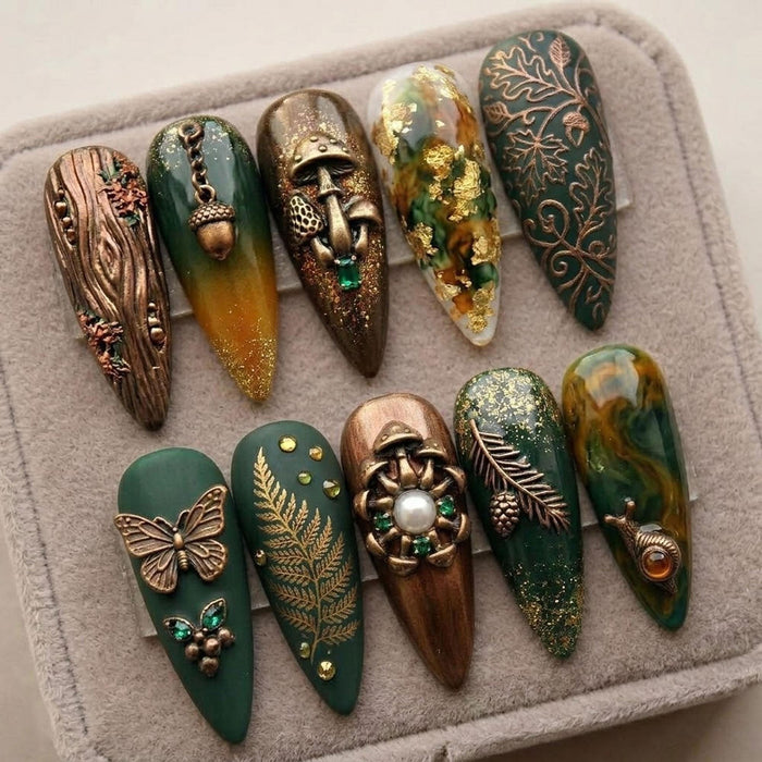 Forest Green Woodland Press On Nails with 3D Mushrooms, Acorns, Butterflies, and Gold Details