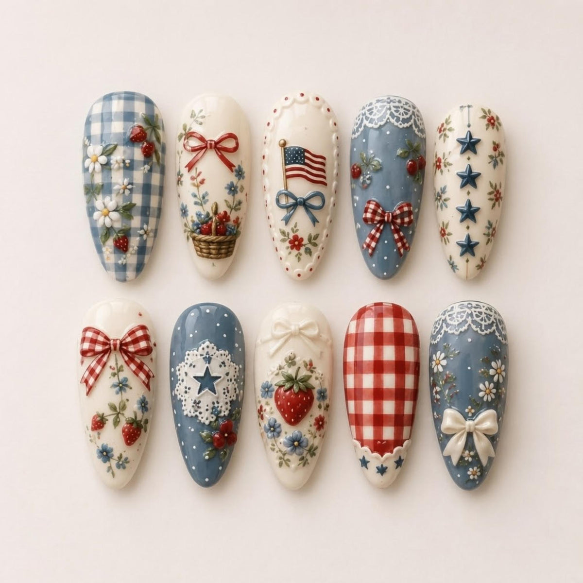 Fourth of July Americana Gingham Strawberry and Bow Nail Set