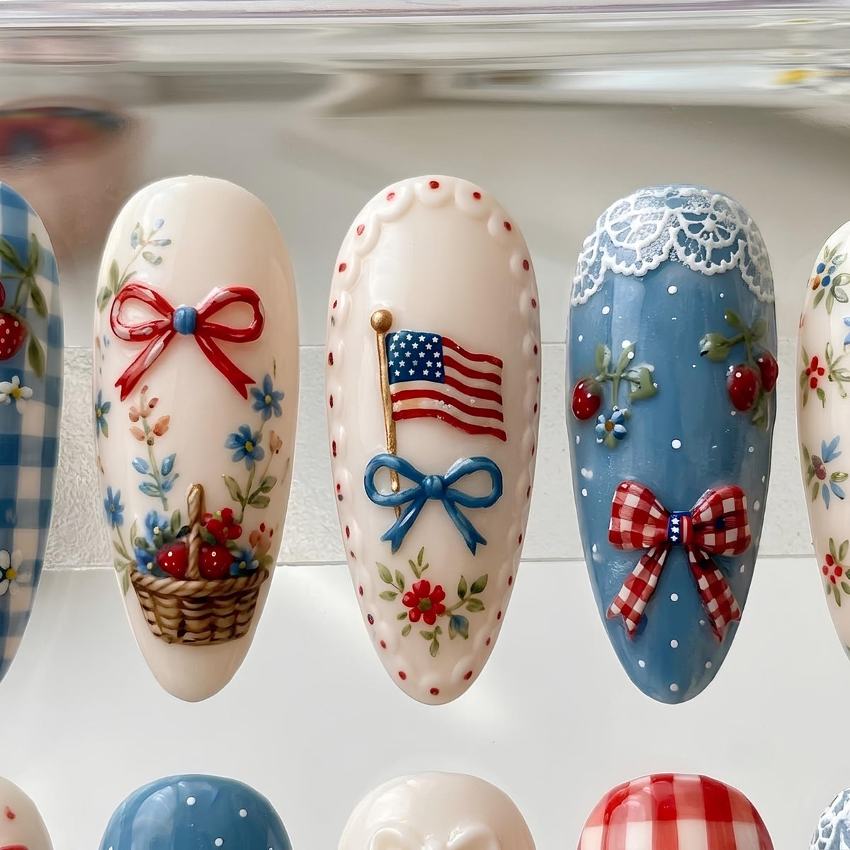 Fourth of July Americana Gingham Strawberry and Bow Nail Set