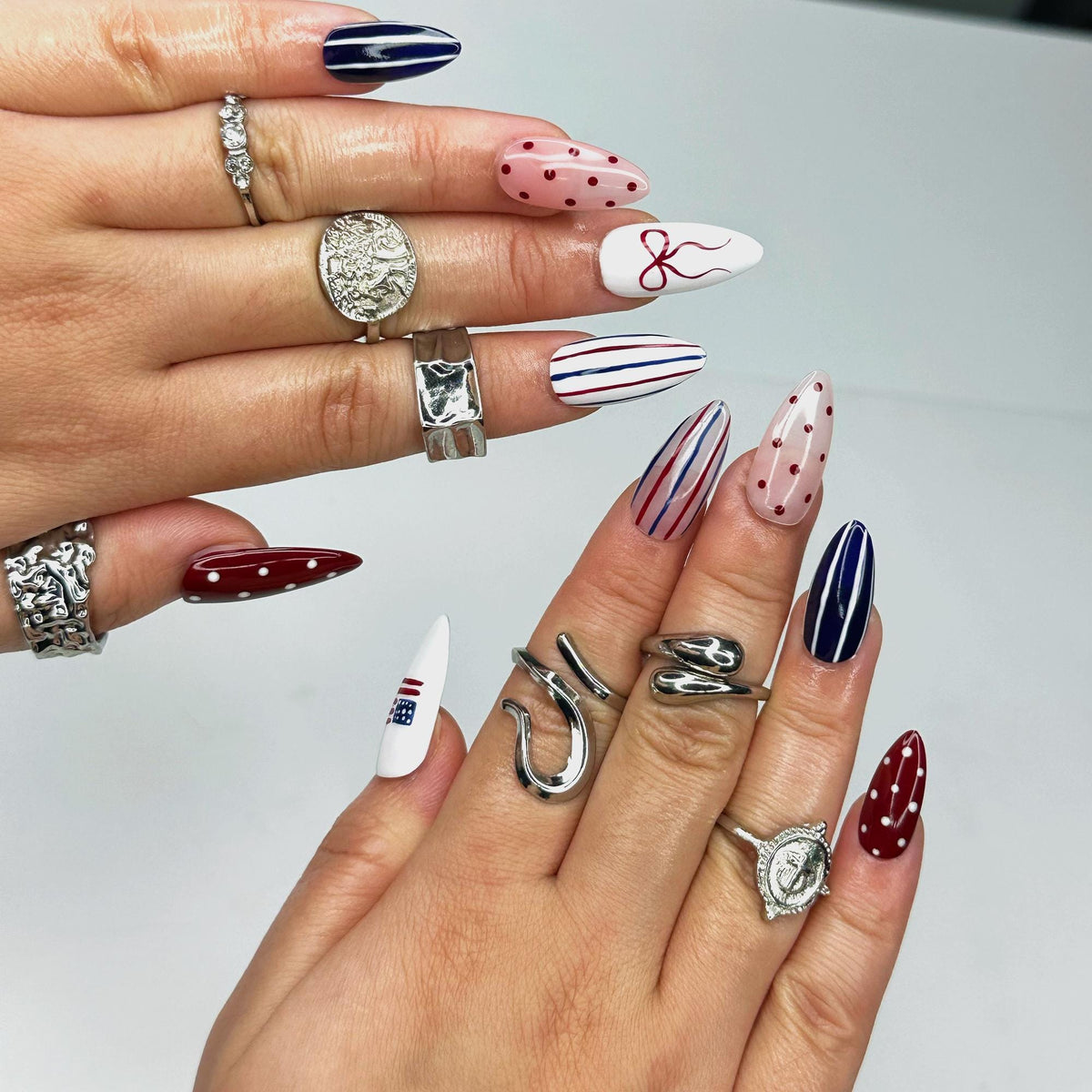 Fourth of July Patriotic Nails with Burgundy, Navy, Pink, Stripes, Dots, Bow, and Flag
