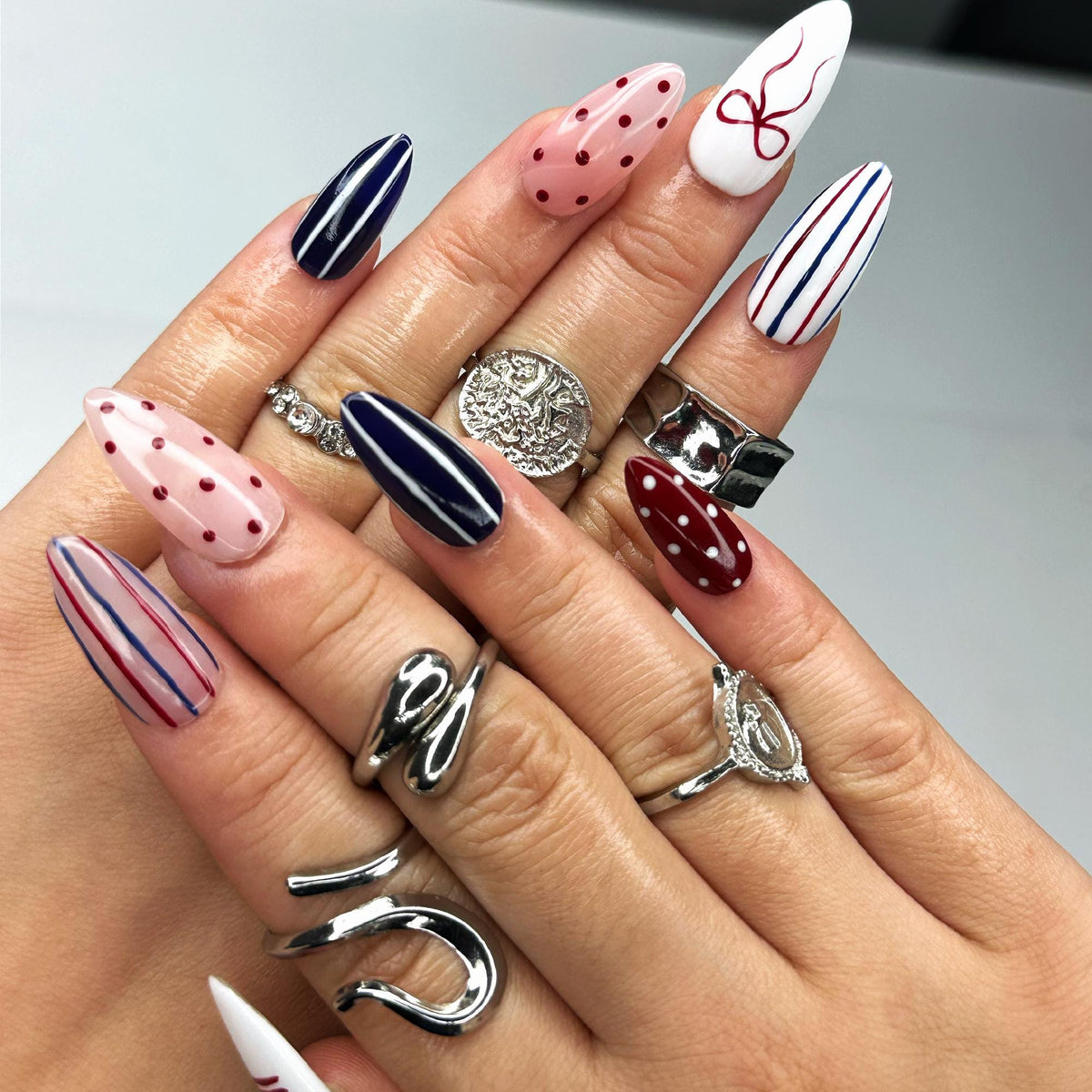 Fourth of July Patriotic Nails with Burgundy, Navy, Pink, Stripes, Dots, Bow, and Flag