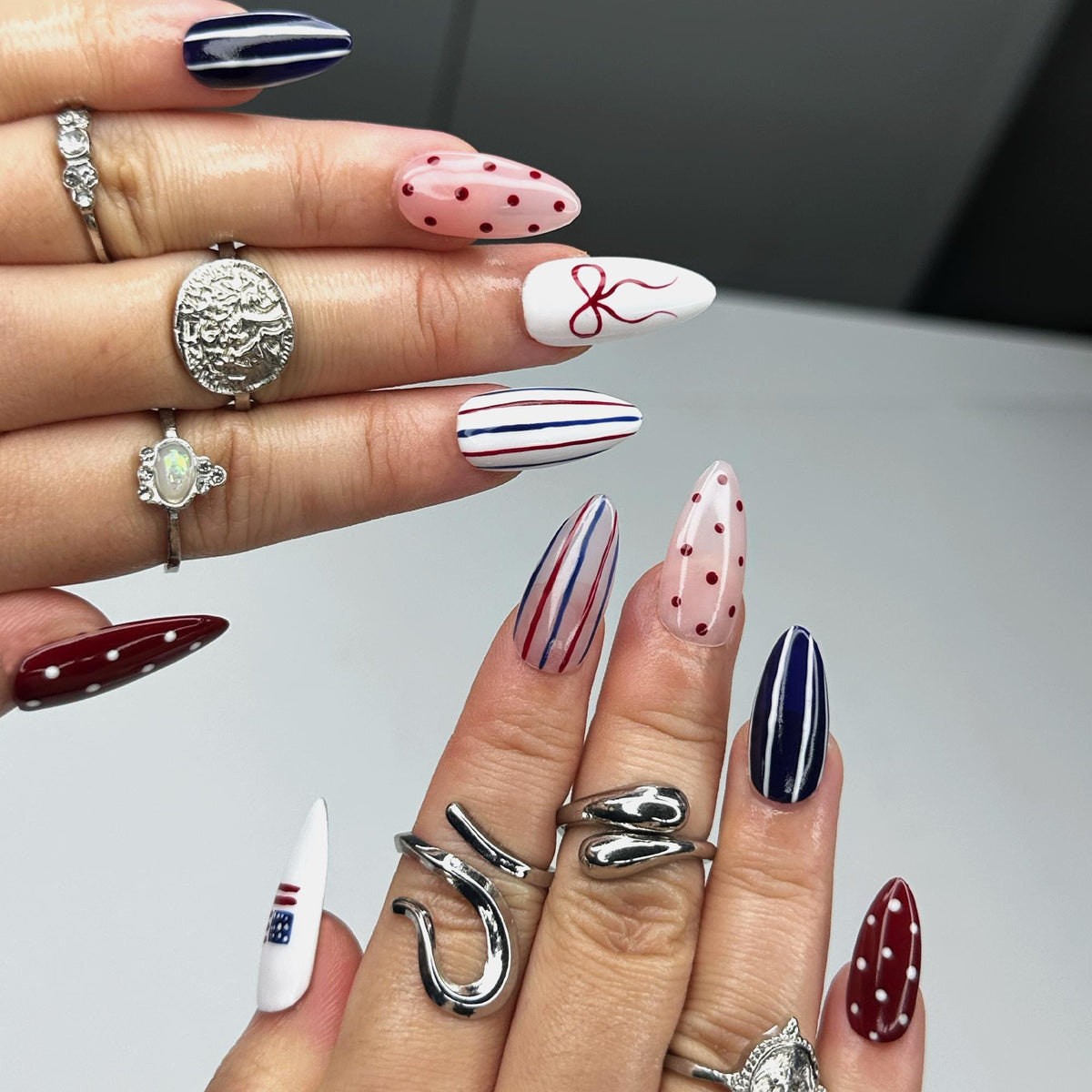 Fourth of July Patriotic Nails with Burgundy, Navy, Pink, Stripes, Dots, Bow, and Flag