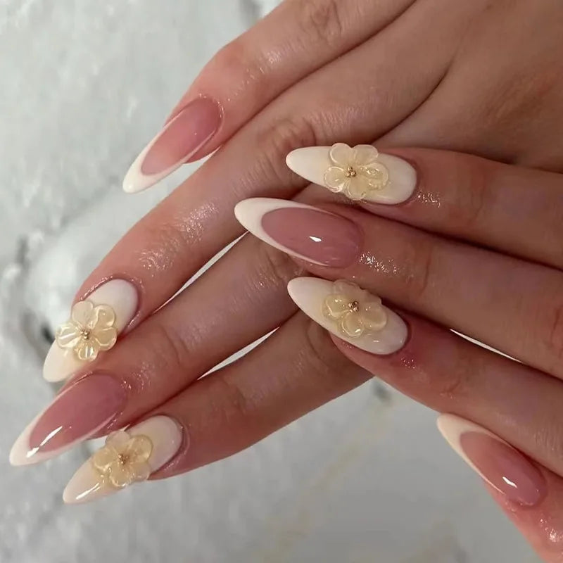 French Tip Press-On Nail Set With Translucent Gold 3D Flowers