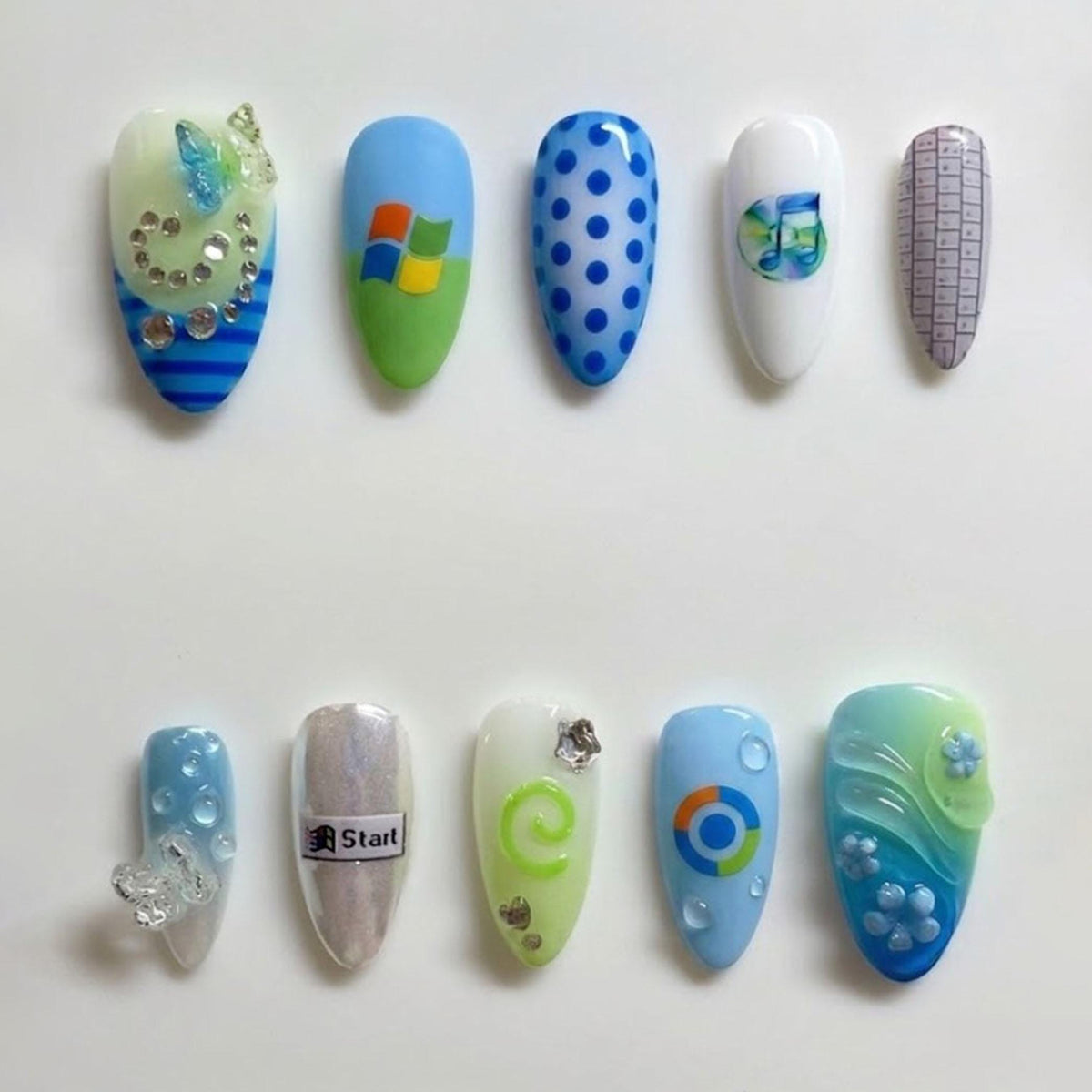 Frutiger Aero Blue and Green Tech Press On Nails With 3D Water Drops