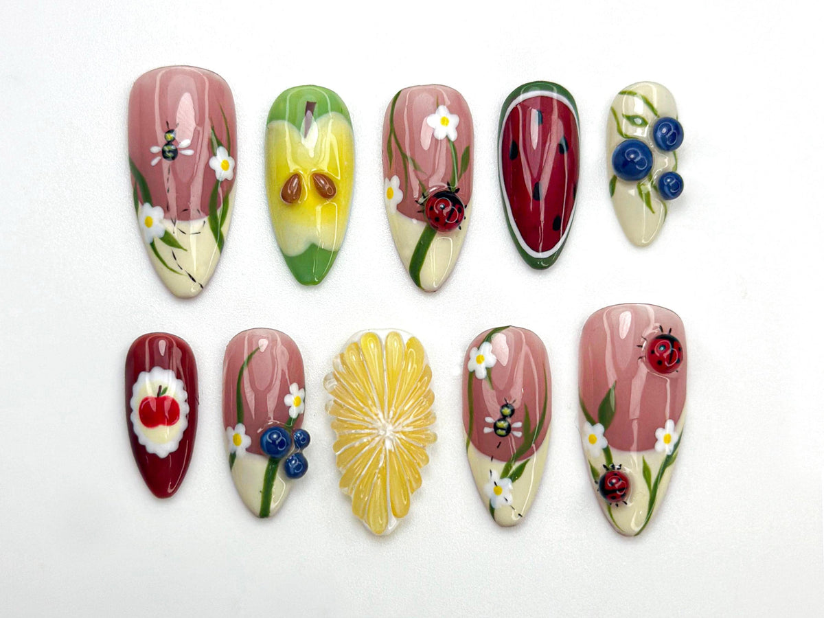 Garden Picnic Fruit and Floral Nail Set with 3D Ladybugs