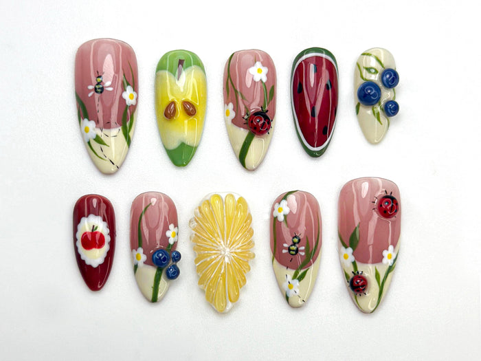 Garden Picnic Fruit and Floral Press On Nail Set with 3D Ladybugs