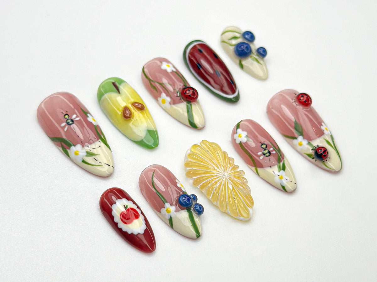 Garden Picnic Fruit and Floral Nail Set with 3D Ladybugs
