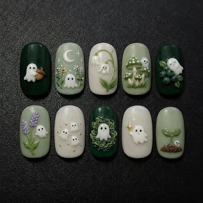 Ghost and Mushroom Forest Press On Nails with 3D Woodland Details
