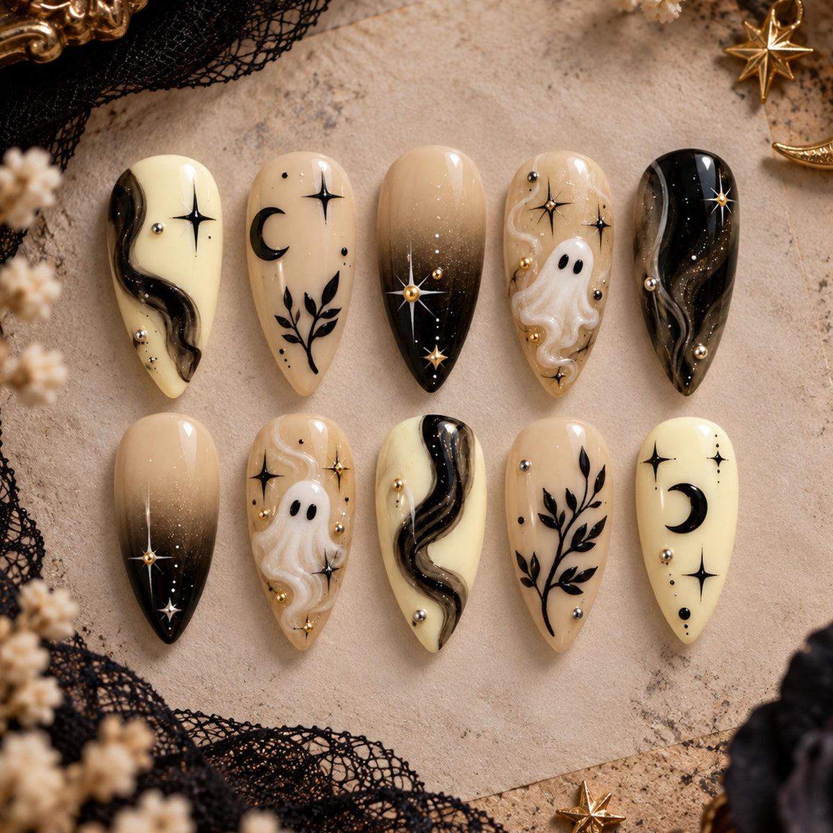 Ghost, Crescent Moon & Smoky Swirl Halloween Nail Set