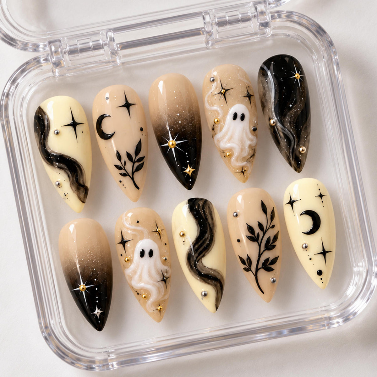 Ghost, Crescent Moon & Smoky Swirl Halloween Nail Set