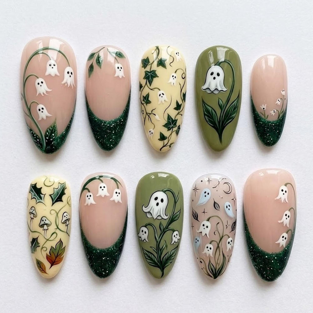 Ghost Flower and Botanical Vine Halloween Press On Nails with Dark Green Glitter French Tips