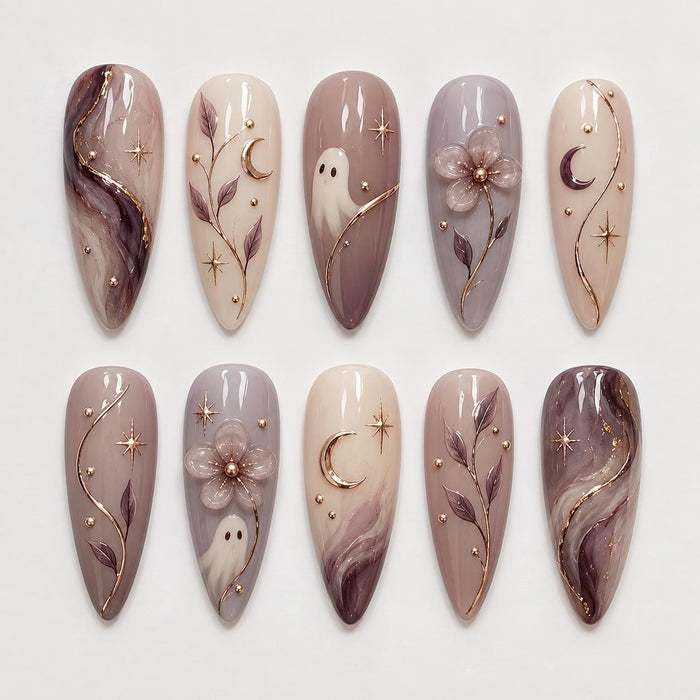 Ghost, Moon and Botanical Halloween Press On Nails in Mauve and Plum
