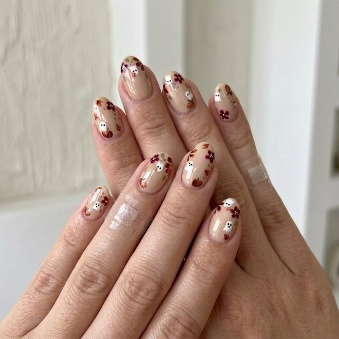 Ghost Pumpkin Halloween Autumn Floral Press On Nails
