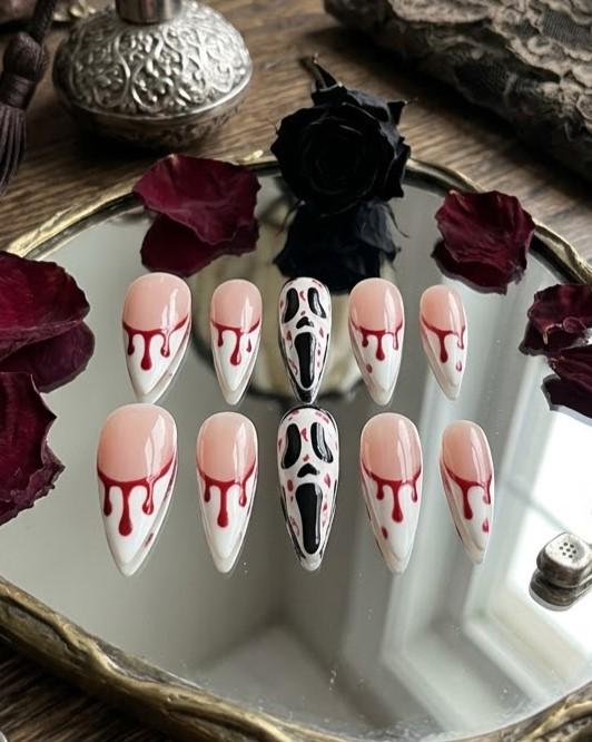Ghostface Blood Drip French Tip Press On Nails