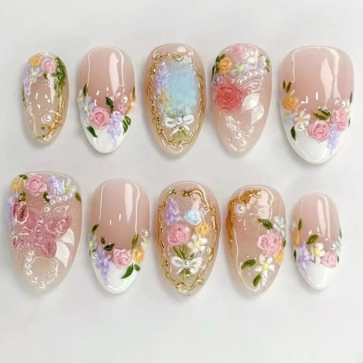Gilded Rose Garden Floral Press On Nails With Pearls and Bows