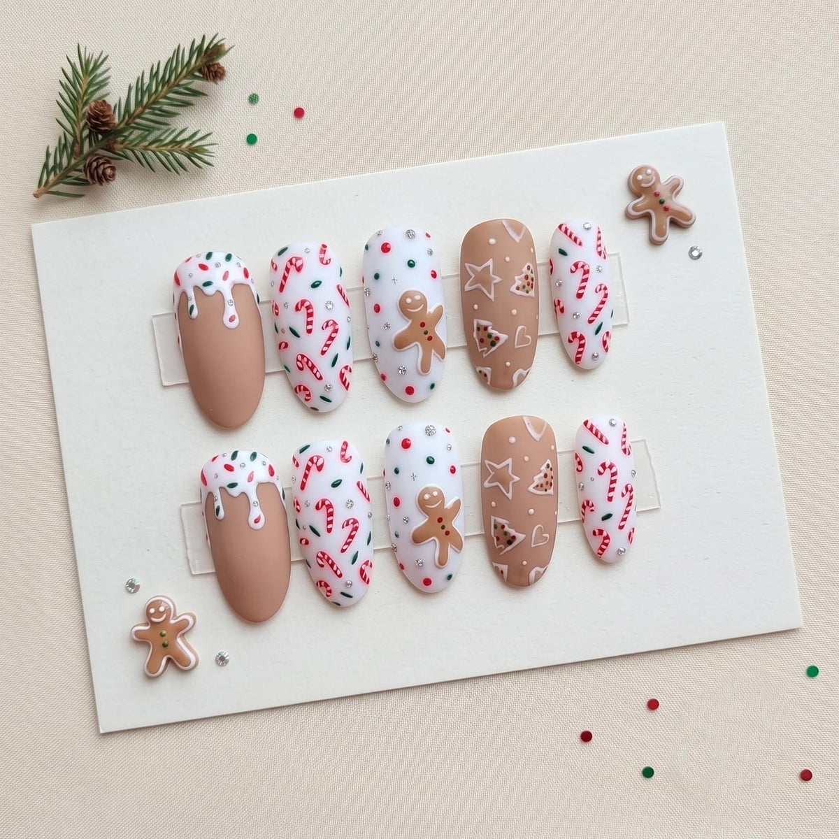 Gingerbread and Candy Cane Christmas Press On Nails