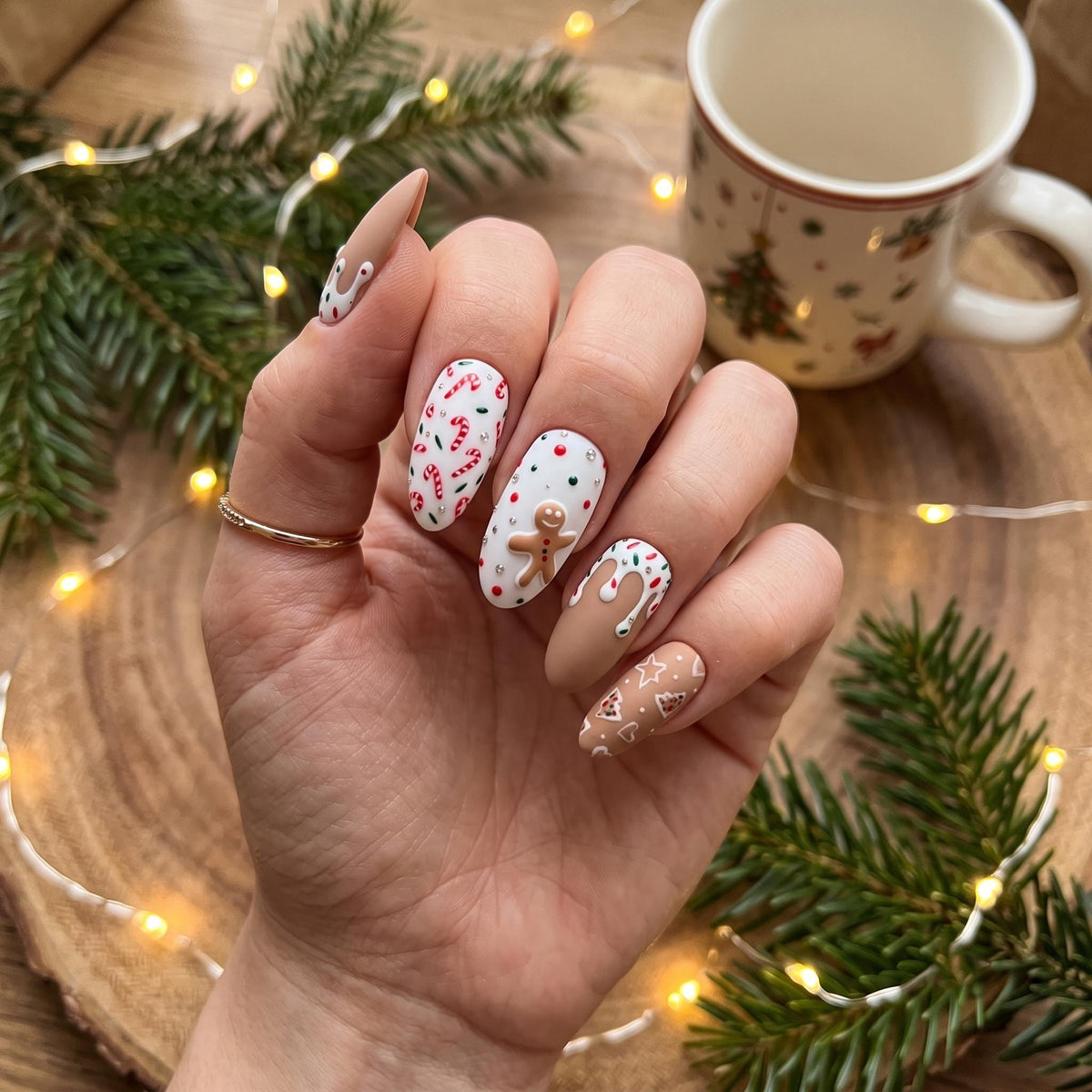 Gingerbread and Candy Cane Christmas Press On Nails