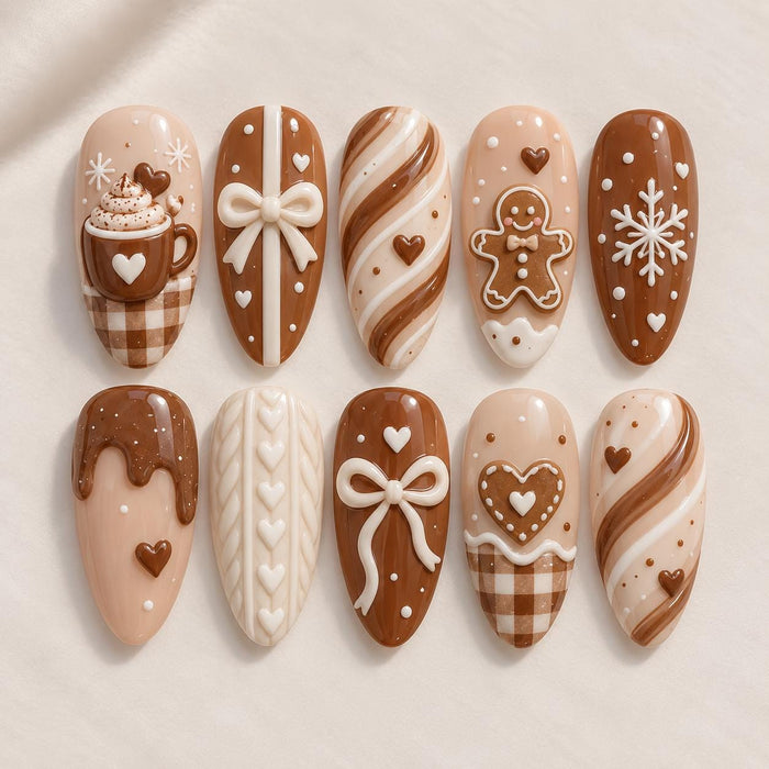 Gingerbread and Coffee Christmas Press On Nails in Brown and Cream