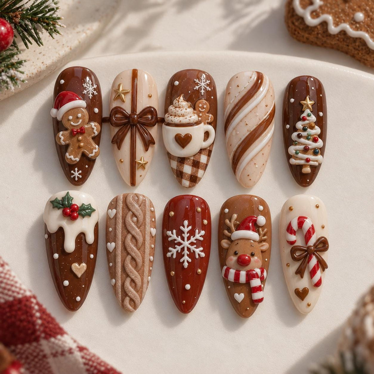 Gingerbread and Coffee Christmas Press-On Nails With Raised Holiday Details