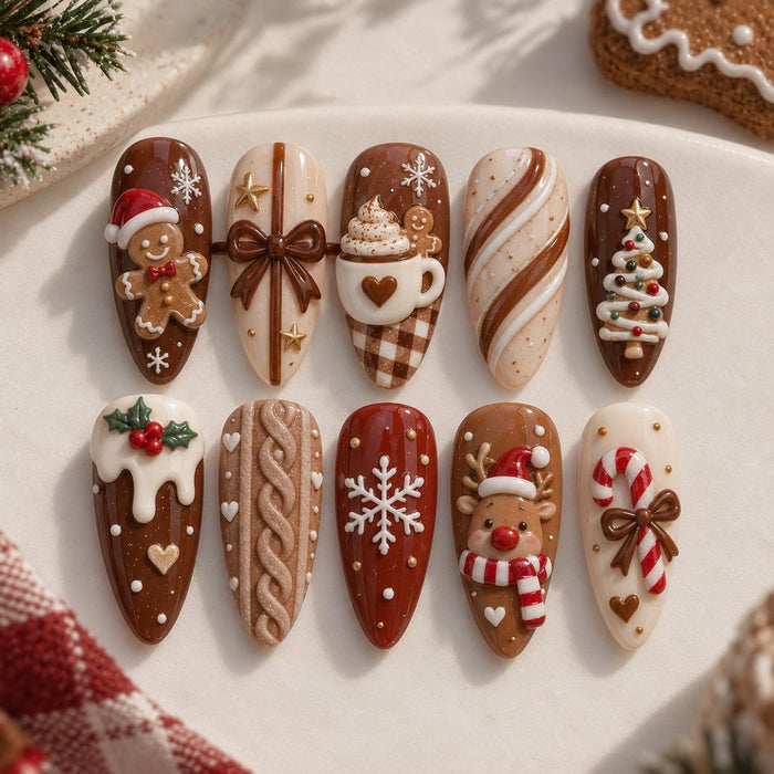 Gingerbread and Coffee Christmas Press-On Nails With Raised Holiday Details