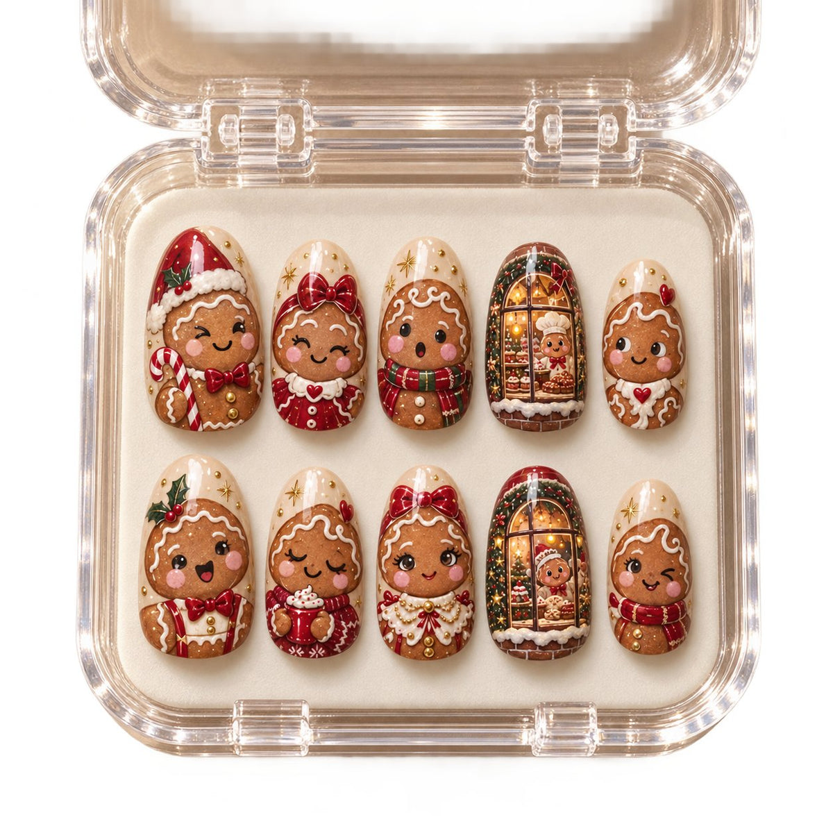 Gingerbread Character Christmas Nails With Bakery Window Scenes in clear acrylic storage box