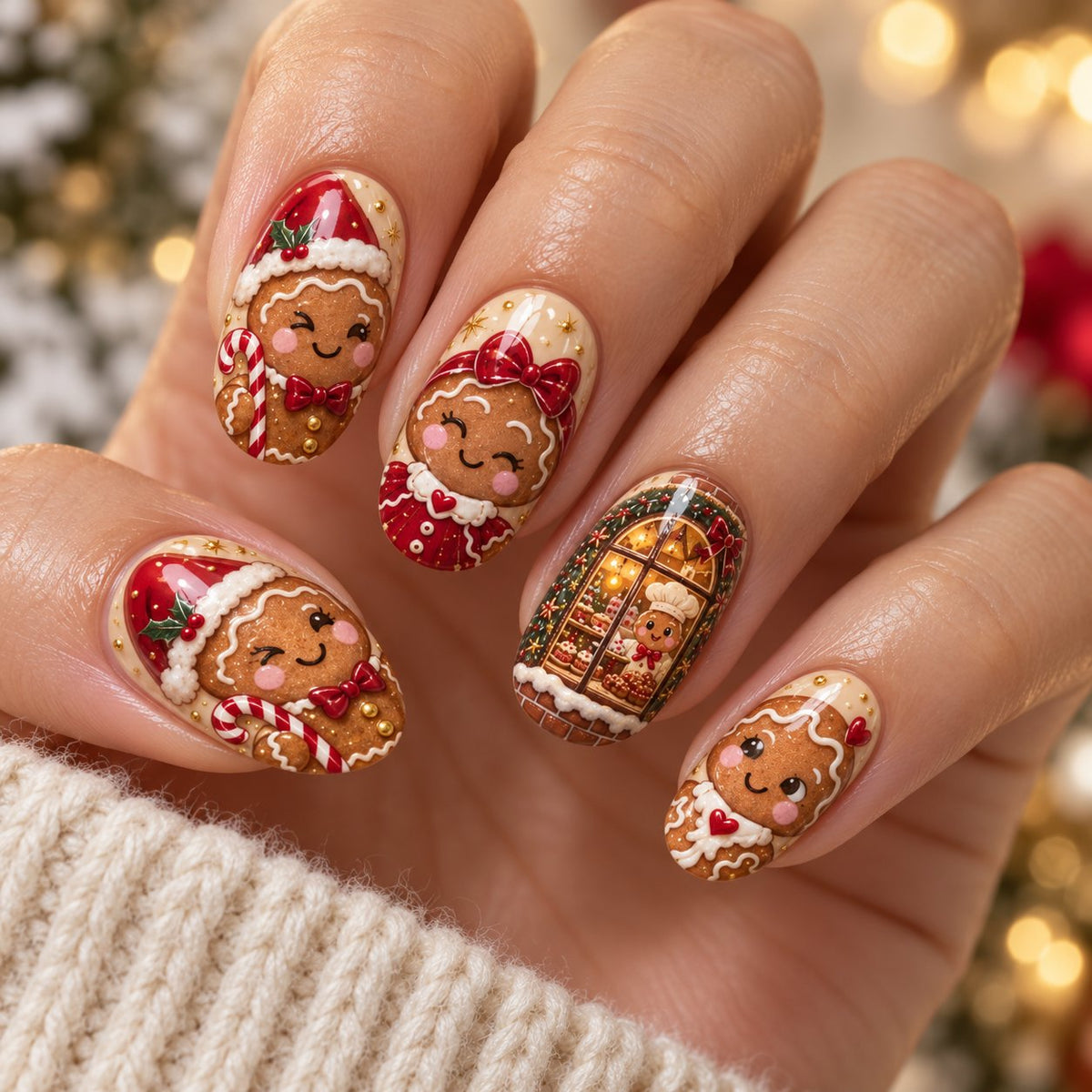 Gingerbread Character Christmas Nails With Bakery Window Scenes worn on hand