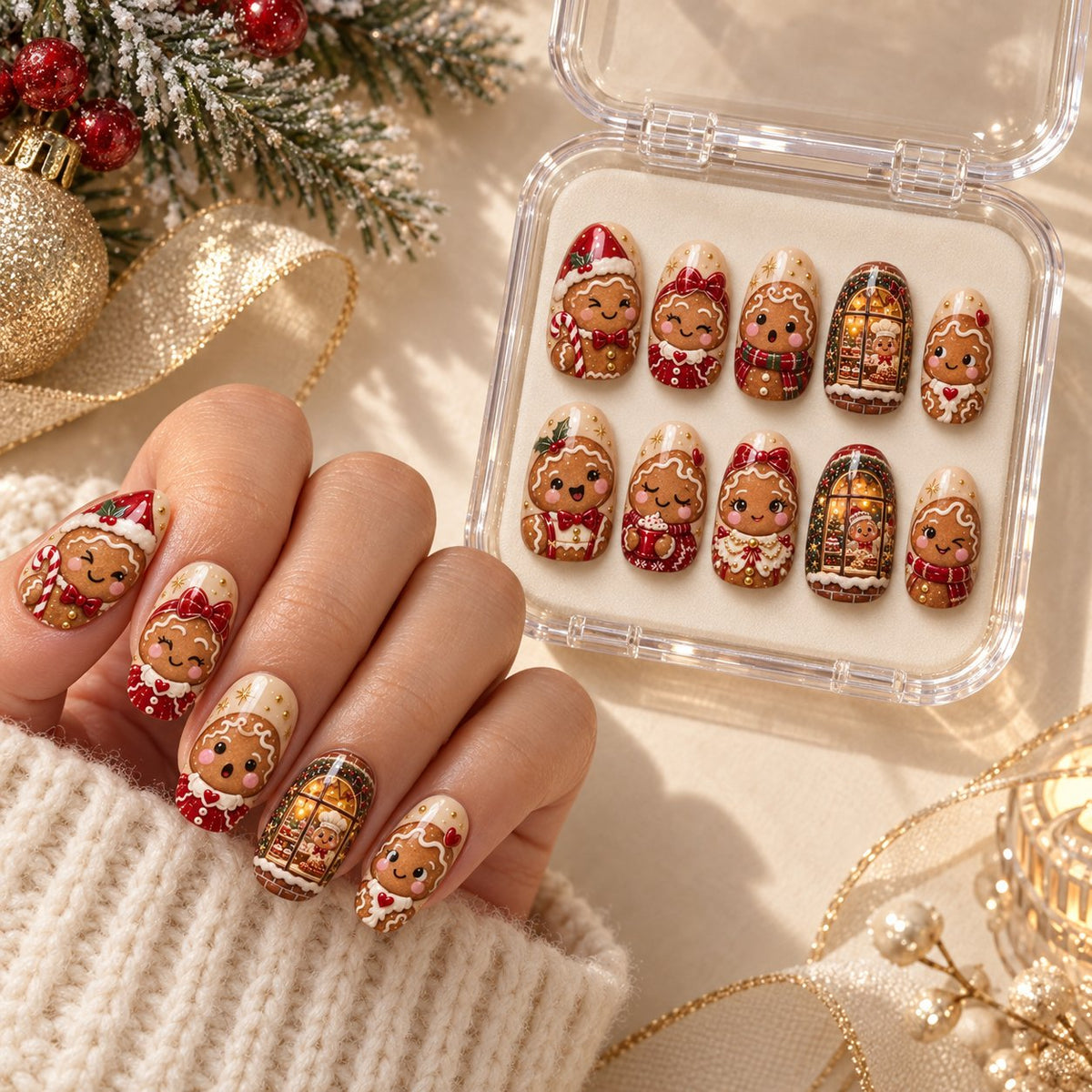 Gingerbread Character Christmas Nails With Bakery Window Scenes worn on hand with acrylic storage box