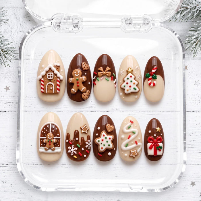 Gingerbread Christmas Cookie Press On Nails with Iced House, Trees and Candy Canes