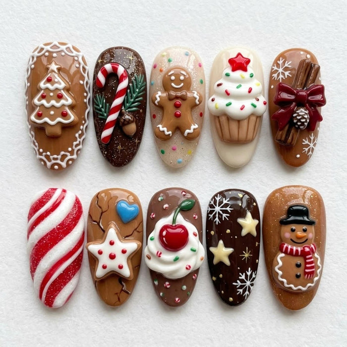 Gingerbread Christmas Press On Nail Set With Candy Canes, Cupcakes and 3D Icing Details