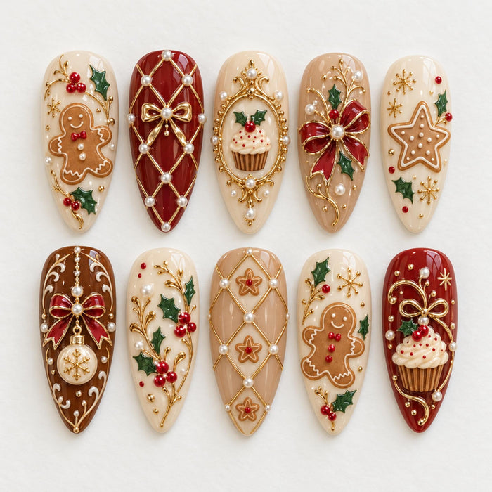 Gingerbread Christmas Press On Nail Set With Red Bows, Holly, Pearls and Gold Details