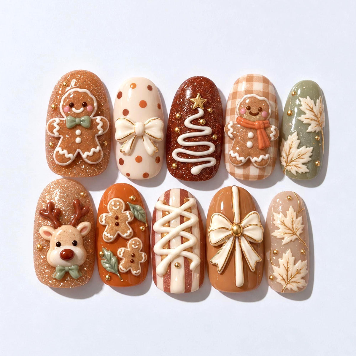 Gingerbread Christmas Nails with 3D Reindeer, Plaid, Bows and Glitter