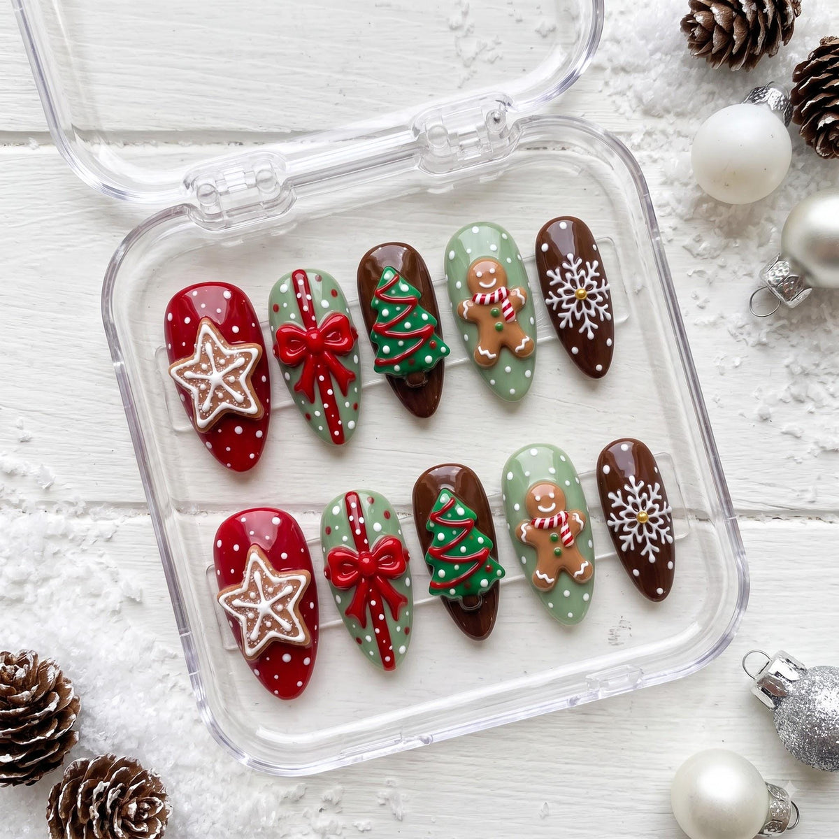 Gingerbread Christmas Nails With Cookie Stars, Bows, Trees, and Snowflakes