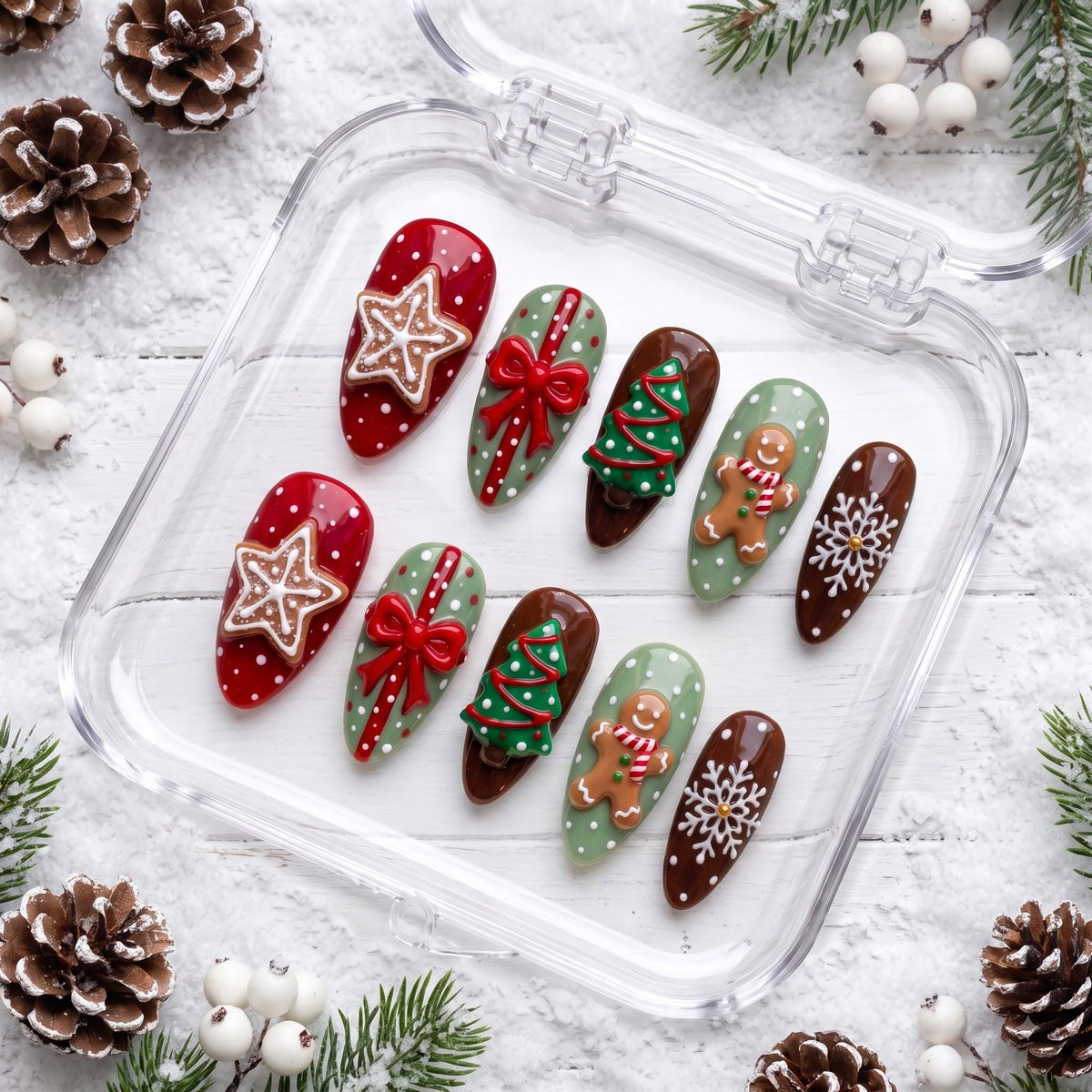 Gingerbread Christmas Nails With Cookie Stars, Bows, Trees, and Snowflakes