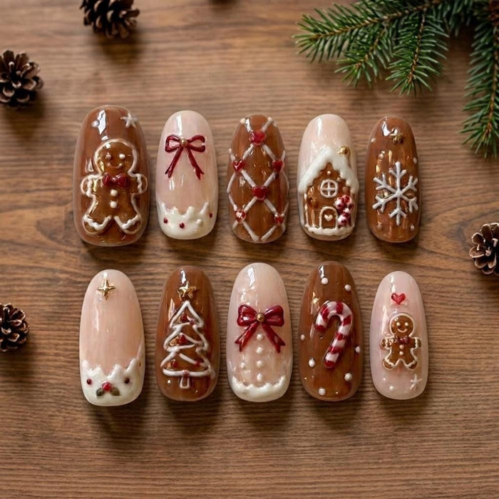 Gingerbread Christmas Press On Nails With Icing Details, Bows and Candy Canes