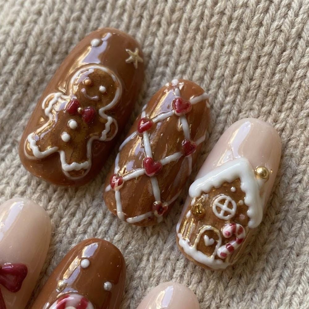 Gingerbread Christmas Nails With Icing Details, Bows and Candy Canes