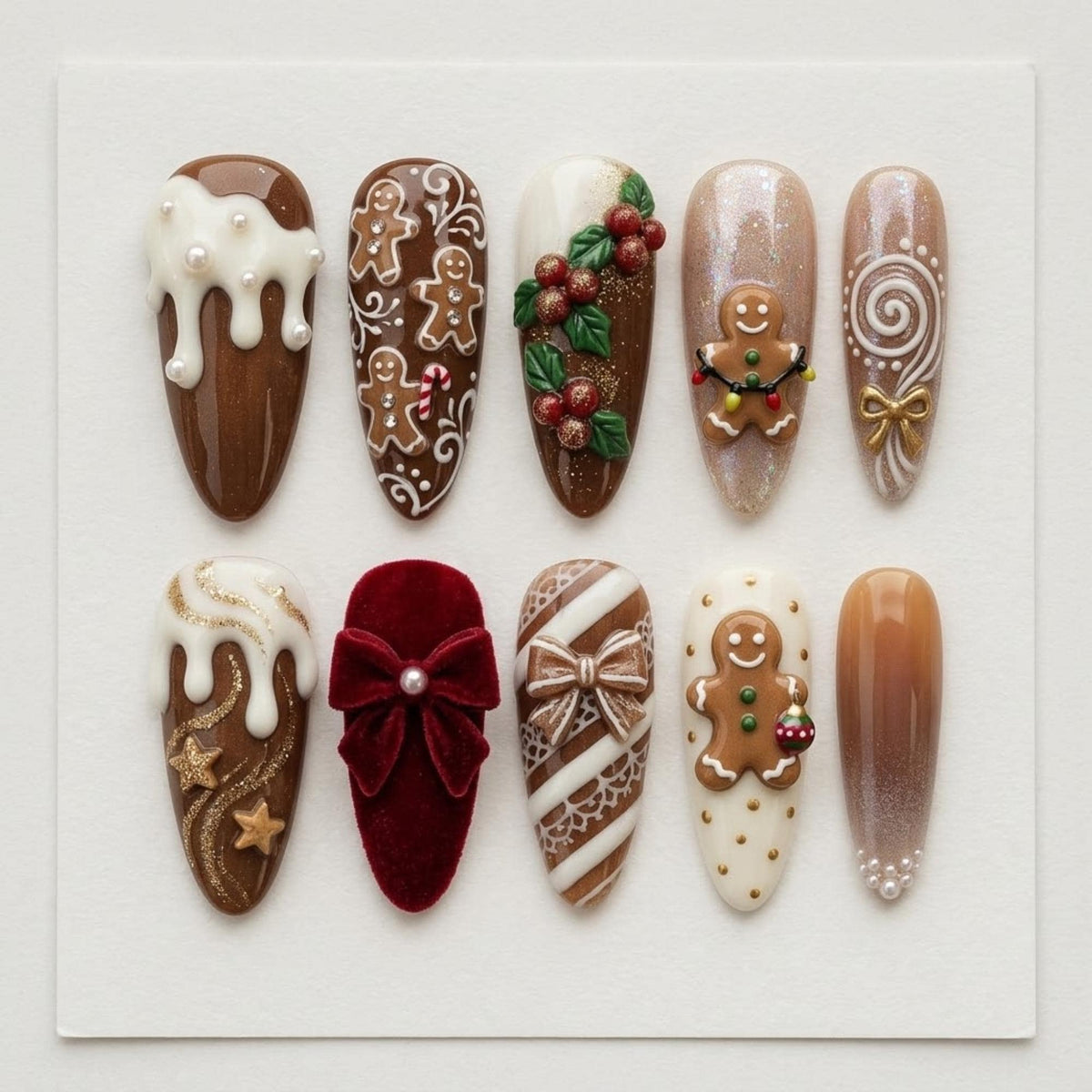 Gingerbread Christmas Nails With Icing, Holly and Plush Red Bow