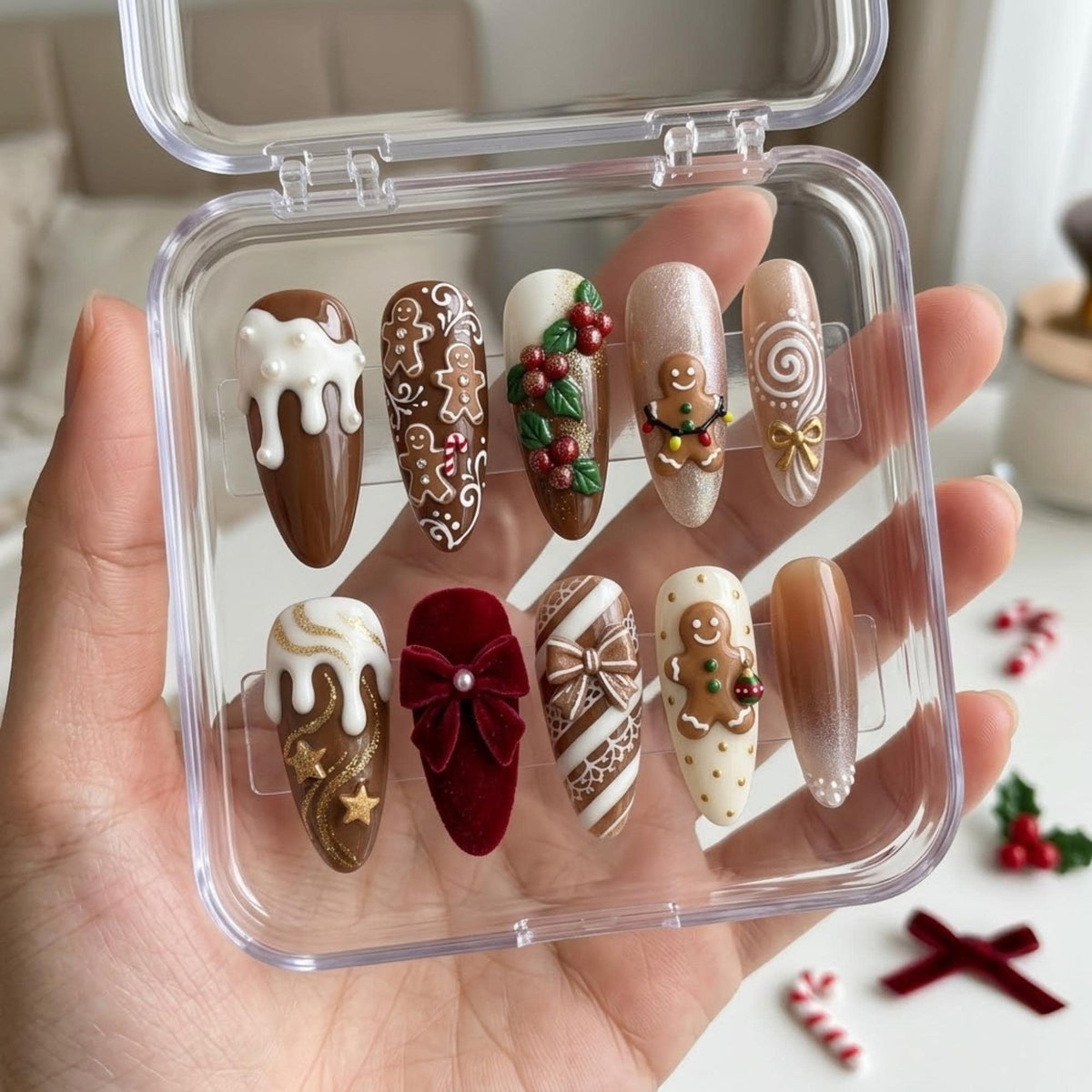 Gingerbread Christmas Nails With Icing, Holly and Plush Red Bow