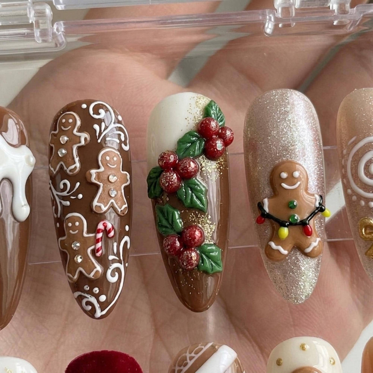 Gingerbread Christmas Nails With Icing, Holly and Plush Red Bow